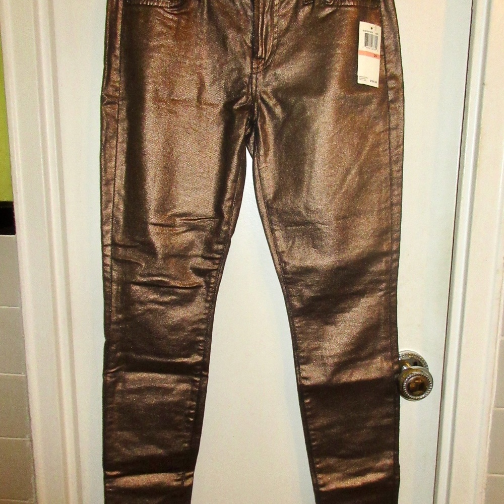 7 For All Mankind Metallic Bronze Skinny Jeans.